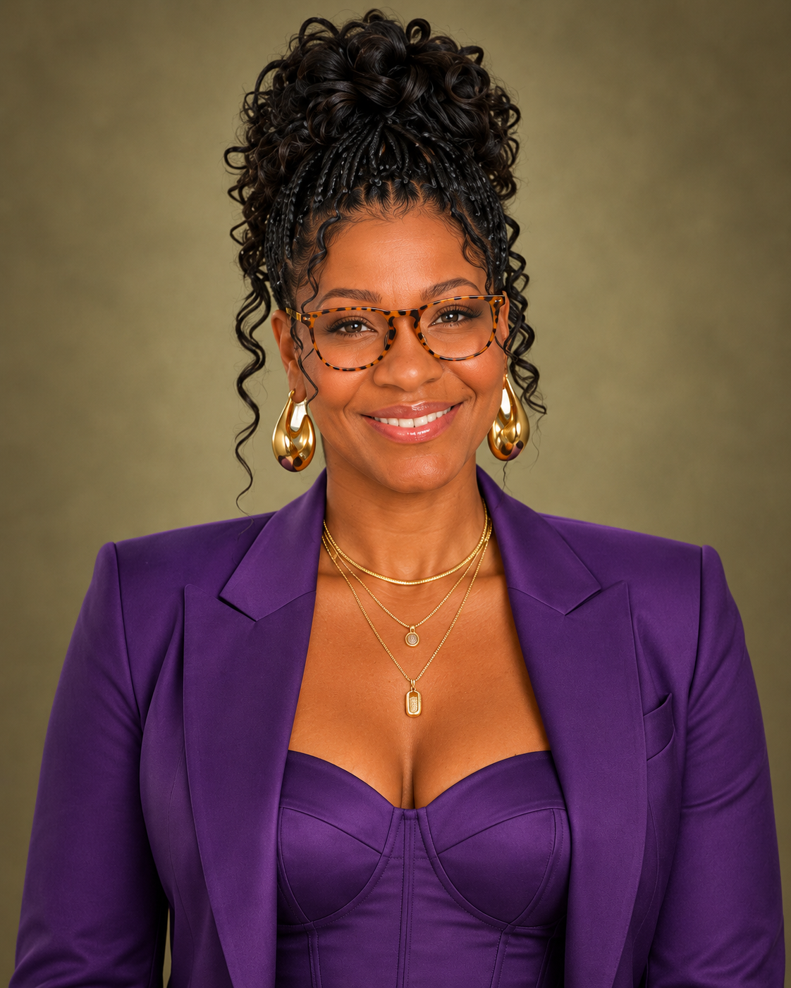 Empress Sherell smiling in a royal purple suit with gold jewelry